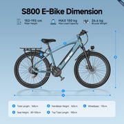 S800 E-Bike dimension diagram showing a teal electric bicycle with measurement labels and rider height, max load capacity, and bicycle weight specifications on a light blue background.