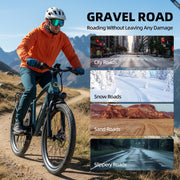 A man wearing a white helmet and an orange jacket rides a mountain bike on a gravel path with mountains in the background. The right side of the image contains a text panel reading 'GRAVEL ROAD' with smaller panels showing the product's suitability for city roads, snow roads, sand roads, and slippery roads.