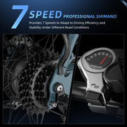 Shimano 7-speed gear system with gear and shifter on a dark background