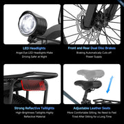 A four-panel feature infographic for a bicycle, showing close-up product details with text callouts: LED headlight, front and rear dual disc brakes, reflective taillight, and adjustable leather seats.