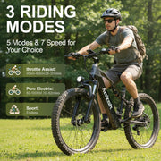 A man riding an electric mountain bike on a grassy path with trees in the background. Large text on the left reads '3 RIDING MODES' and lists throttle assist, pure electric, and sport modes.