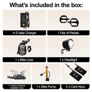 A product inclusion graphic titled 'What's included in the box:' showing seven components arranged in a grid with labels: 1x E-bike Charger, 1 Pair of Pedals, 1x Bike Lock, 1x Headlight, 1x Multi-Functional Installation Tool, 1x Bike Pump, and 2x Card Keys.