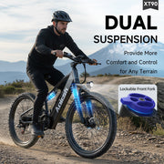Person riding a bicycle with dual suspension feature on a mountainous road