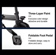 Promotional graphic showing two product features: a close-up of a black bicycle frame with text reading 'Three-Layer Paint' and a black foldable foot pedal with text reading 'Foldable Foot Pedal'.