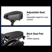 Two-panel product feature graphic showing a black bicycle or e-bike seat and back seat pad. The top panel shows the seat with text reading 'Adjustable Seat' and 'Adjustable height for more comfort.