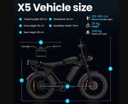 Black electric fat bike Aairsk X5 from 2026 with dimensions and specifications on a black background