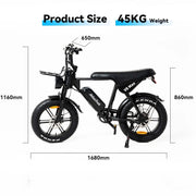 Black electric bicycle shown on a white background with dimension lines and text indicating product size measurements and 45kg weight.