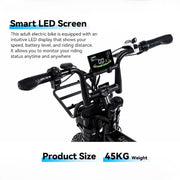 Black adult electric bike handlebars with a digital LED display screen, shown on a white background with text overlays describing the smart LED screen and 45KG weight.