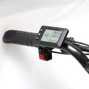 Digital display on a bicycle handlebar with a white background