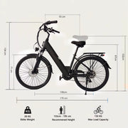 Electric bicycle with dimensions and specifications on a white background