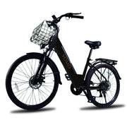 Black electric bicycle with a basket on a white background