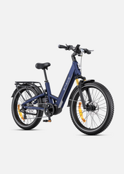 A navy blue electric bicycle with fat tires, a rear cargo rack, and black components, shown from a three-quarters angle on a light gray background.