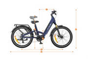 A navy blue step-through electric bicycle shown in side profile on a white background, with orange measurement lines and labels indicating dimensions A through E.