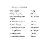 A dimensions and sizing chart showing measurements for a bike, including bike weight, weight capacity, recommended rider height, and handlebar/seat/wheel measurements, on a white background.