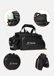Black ENGWE bicycle bag with carbon fiber texture, featuring multiple compartments, top handle, and four circular detail callouts showing the bottle pocket, zipper, logo, and side storage on a light gray background.