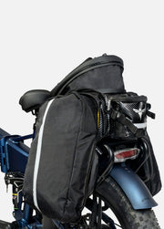 Motorcycle with black saddlebags on a white background