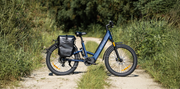 A blue electric bicycle with a black rear pannier bag is parked on a dirt path outdoors, surrounded by green grass and trees.