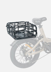 Bicycle with a black metal cargo basket attached to the rear, on a white background