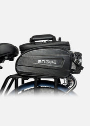 Black motorcycle saddlebag with 'Engine' branding on a white background
