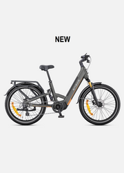 A dark gray step-through electric bicycle with black tires, a black saddle, and orange reflectors, shown from a side profile on a light gray background with the word 'NEW' above it.