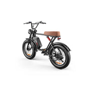 A black electric fat-tire bicycle with a brown seat, black fenders, and a brown rear light, shown from a three-quarters rear angle on a white background.