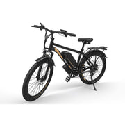 A black electric mountain bike with gold accents, a front suspension fork, a mid-frame battery, and a rear cargo rack, shown on a clean white background.