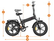 Folding bicycle with measurement points labeled on a white background