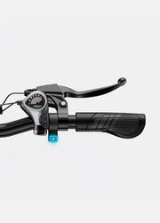 Close-up of a bicycle handlebar with brake levers and gear shifter on a white background