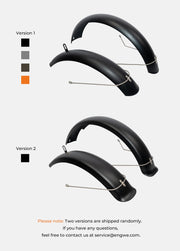 Two versions of a black bike fender on a white background with color swatches.