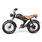 Black electric bike with brown seat on a white background