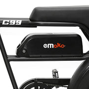 Close-up of a black electric wheelchair with 'emoKo' branding on a white background
