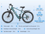 Electric bike with dimensions and specifications on a blue background