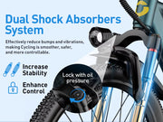 Bicycle with dual shock absorbers system on a blue background