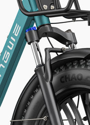 Close-up of a bicycle's front wheel and suspension fork with 'Himiway' branding.