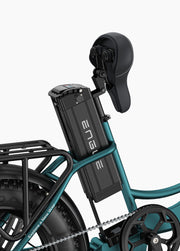 Close-up of an electric bike with a battery pack and handlebar on a white background