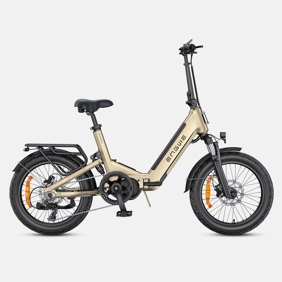 A 20-inch folding electric bicycle with a beige frame and black components, shown from a side profile on a light gray background. The brand name 'Engwe' is visible on the frame.