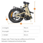 A folding electric bicycle shown on a white background with measurement callouts labeled A, B, and C and a size table below. The bike is tan/beige with black and silver components and small orange accents.