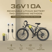 Electric bike with charging options and specifications on a beige background