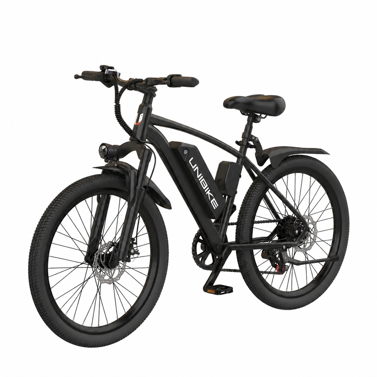 Black electric bike with 'UNIKE' branding on a white background