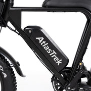 Black electric bike with AtlasTrek battery pack on a white background