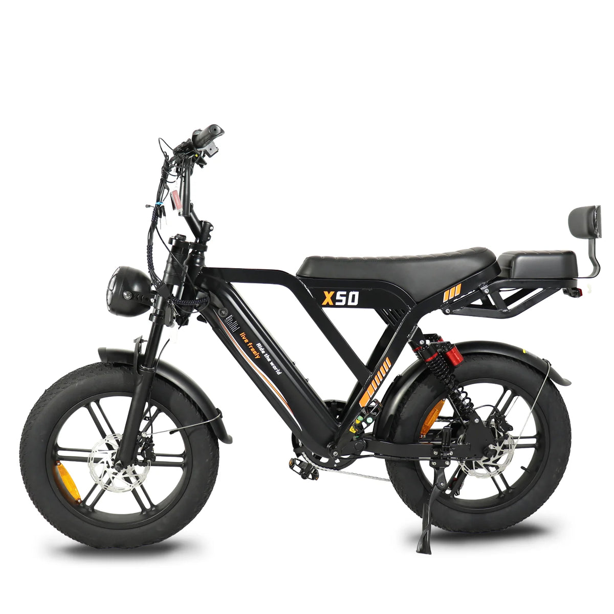 Black electric bike with 'X50' branding on a white background