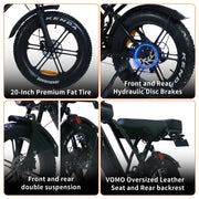Collage of electric bike features including Kenda tires, hydraulic disc brakes, suspension, and VOMO seat.