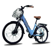 Blue electric bicycle with a basket on a white background