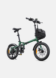 Green electric bike with a black basket on a white background