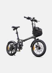 Green electric bike with a black basket on a white background