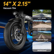 Black 14 x 2.15 inch vacuum tire for electric bicycles, shown in a close-up with road and off-road usage examples on a dark blue graphic background.