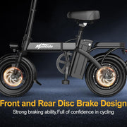 A black folding electric bicycle shown in a studio-style dark setting, with text overlays highlighting front and rear disc brake design. The bike has a matte black frame, black saddle, and glowing orange brake discs visible through the wheels.