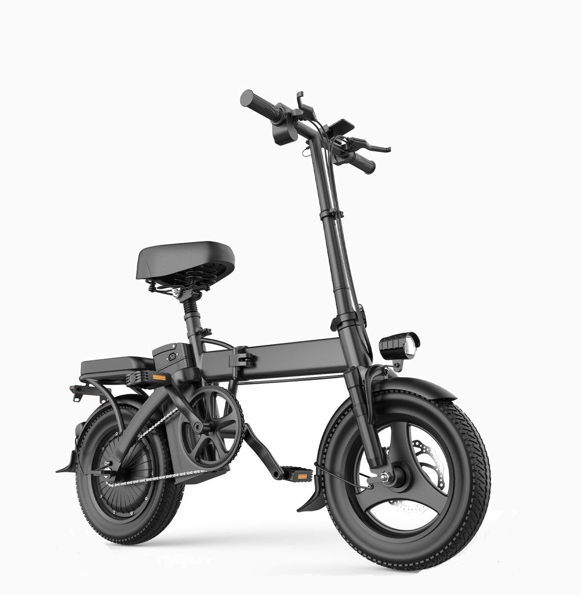 A matte black folding electric bicycle with a step-through frame, thick tires, a rear storage battery, and a small front LED light, shown on a clean white background.