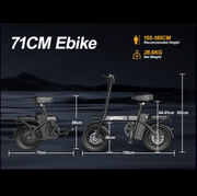 A promotional infographic for a 71CM electric bike, showing two views of the folded and unfolded configurations with dimension labels (58cm, 36cm, 102cm, 71cm, 130cm) and weight information on a dark moody background.