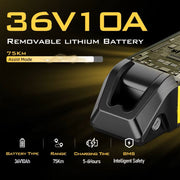 A black removable lithium battery shown on a dark promotional background with large yellow text reading '36V10A' and feature callouts including 'Removable Lithium Battery,' '75km Assist Mode,' 'Battery Type 36V10Ah,' 'Range 75km,' 'Charging Time 5-6Hours,' and 'BMS Intelligent Safety.'.
